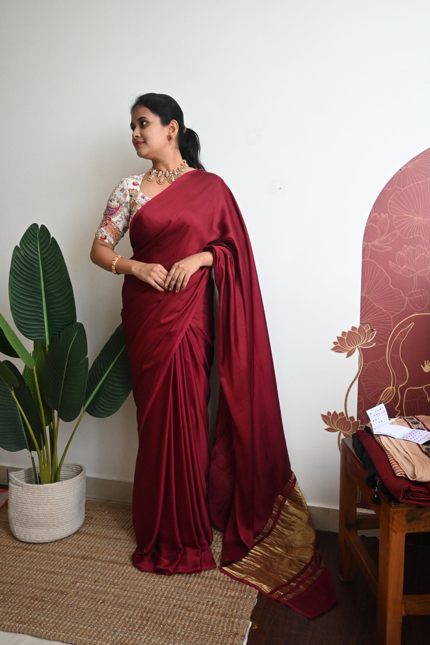 Pure plain modal silk saree with lagadi pallu