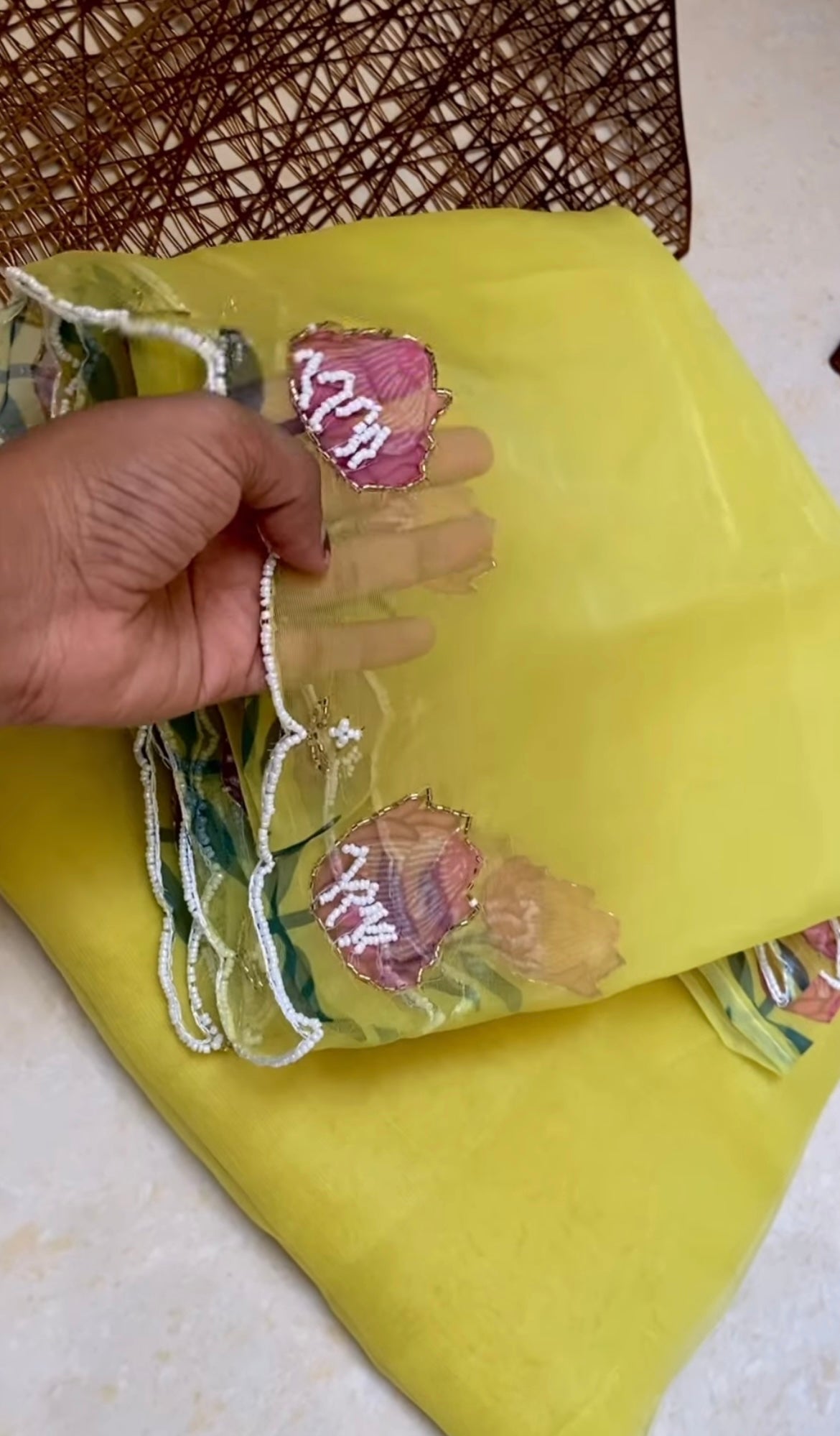 Designer yellow hand embroidery saree