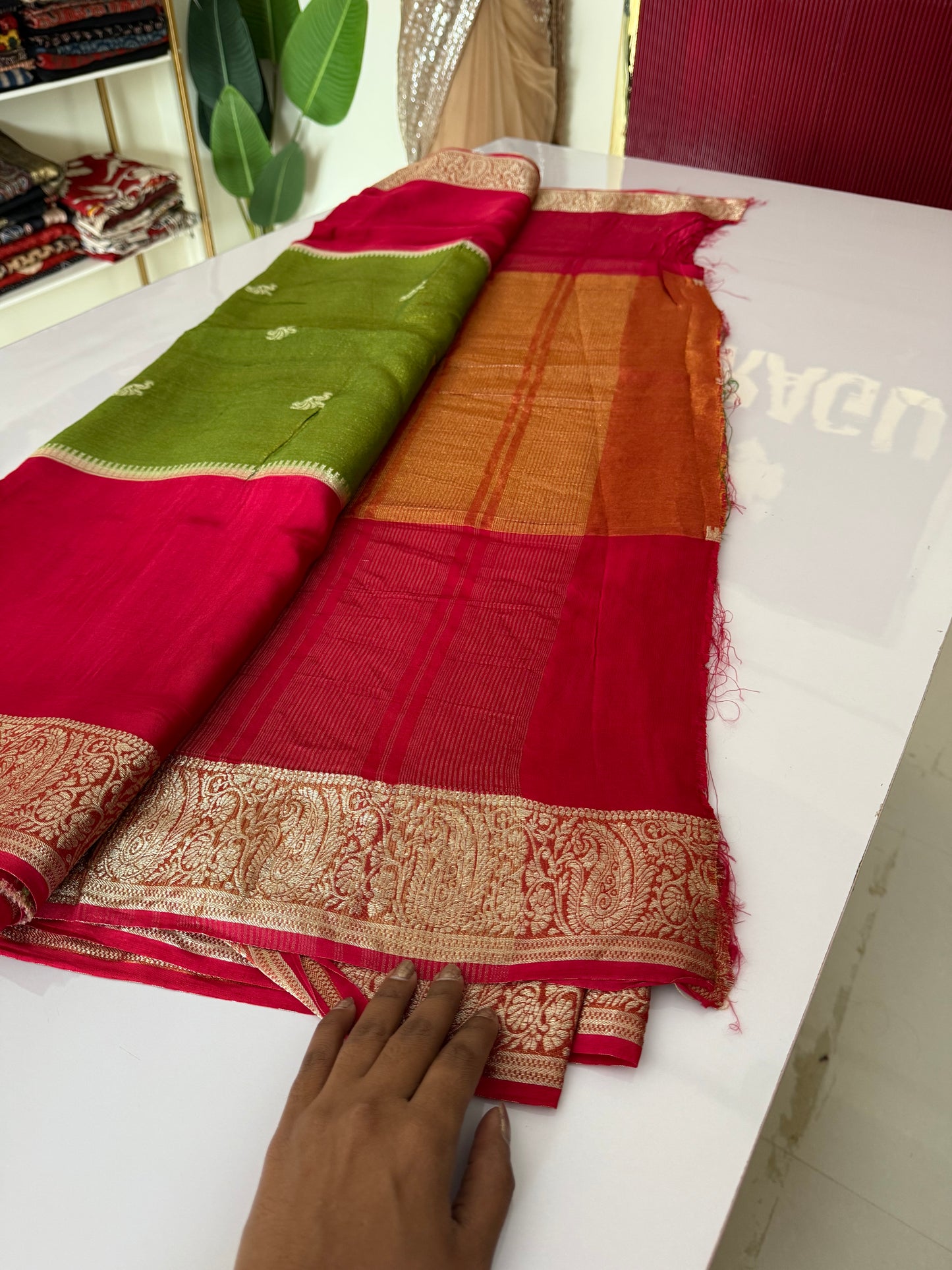 Pink red with parrot green Premium viscose Saree