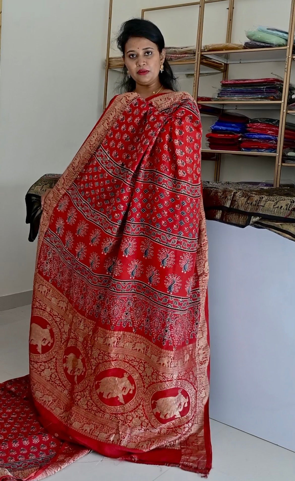 Premium Red Flower Dola Silk Saree