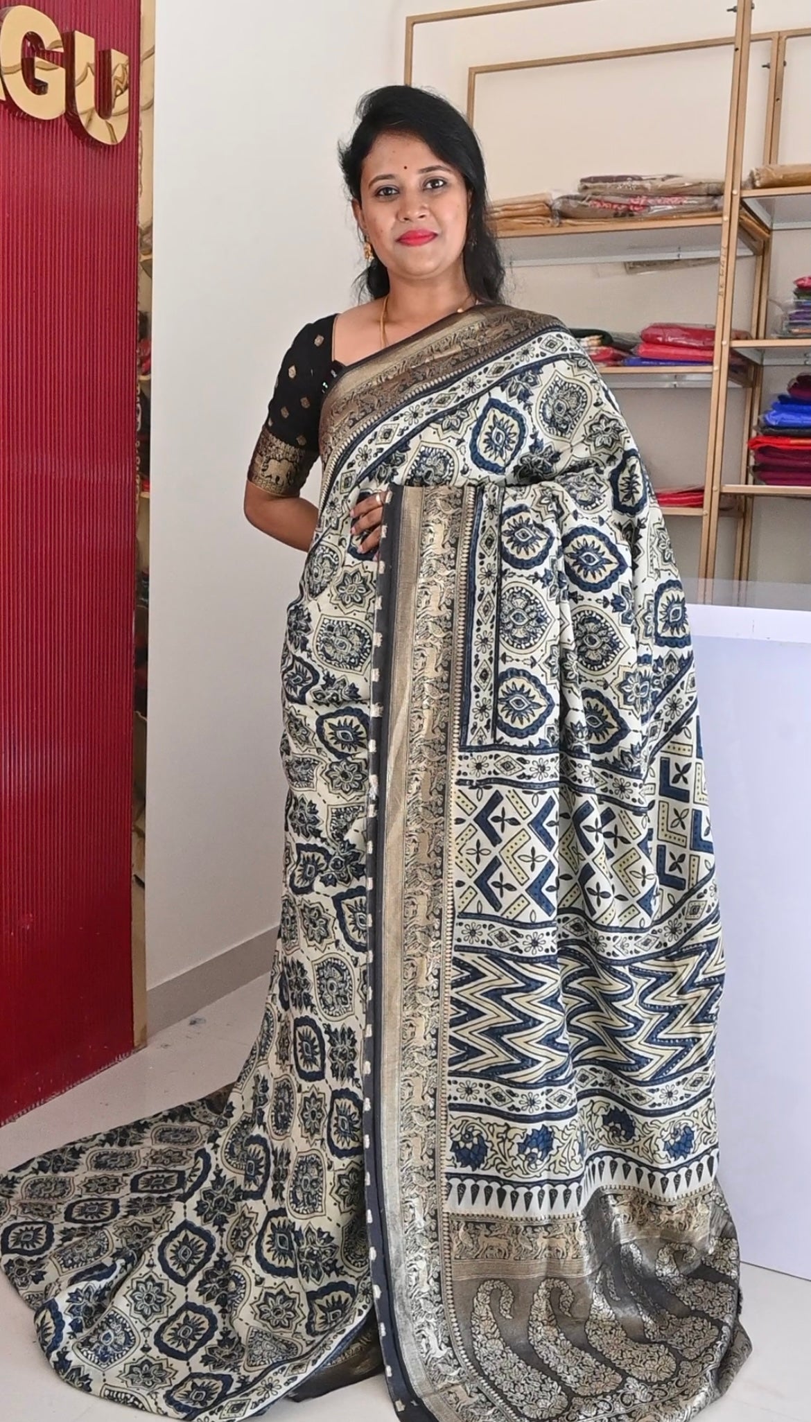 Pista Green Dola Silk Saree with ajrakh hand block print