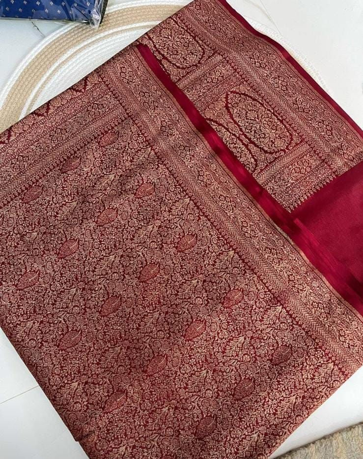 Maroon Pure Crepe chiffon banarasi saree