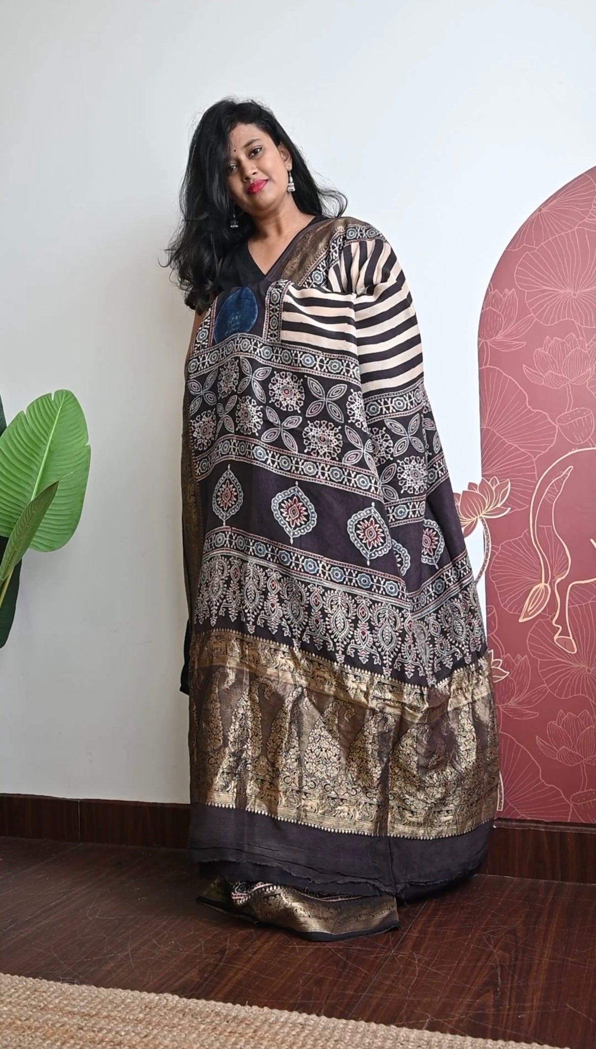 Pure Dola silk saree with ajrakh hand block print