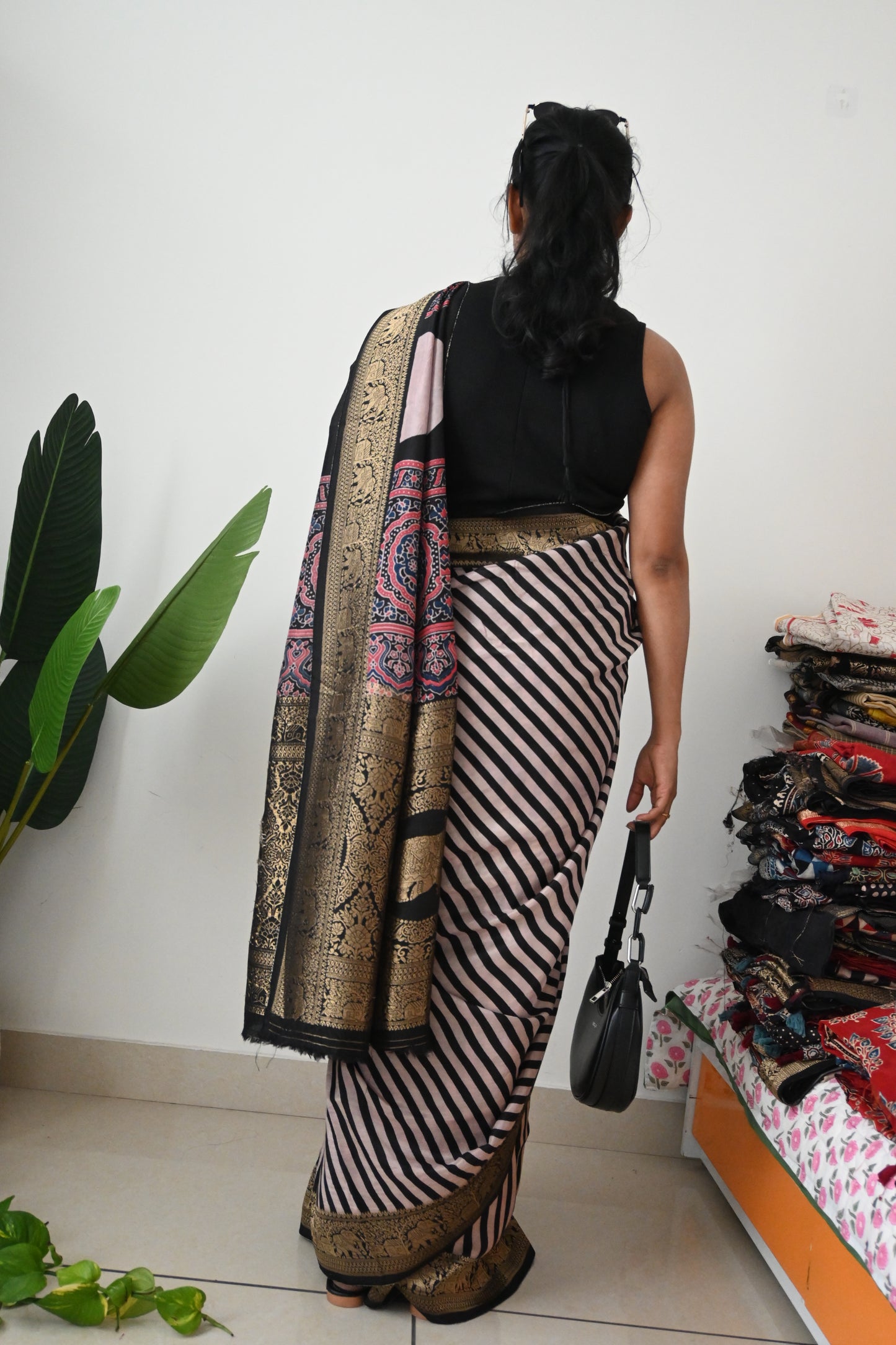 Black and white Dola silk saree
