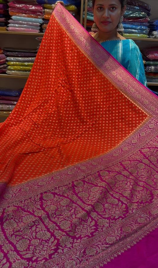 Orange with pink Pure crepe Banarasi Saree