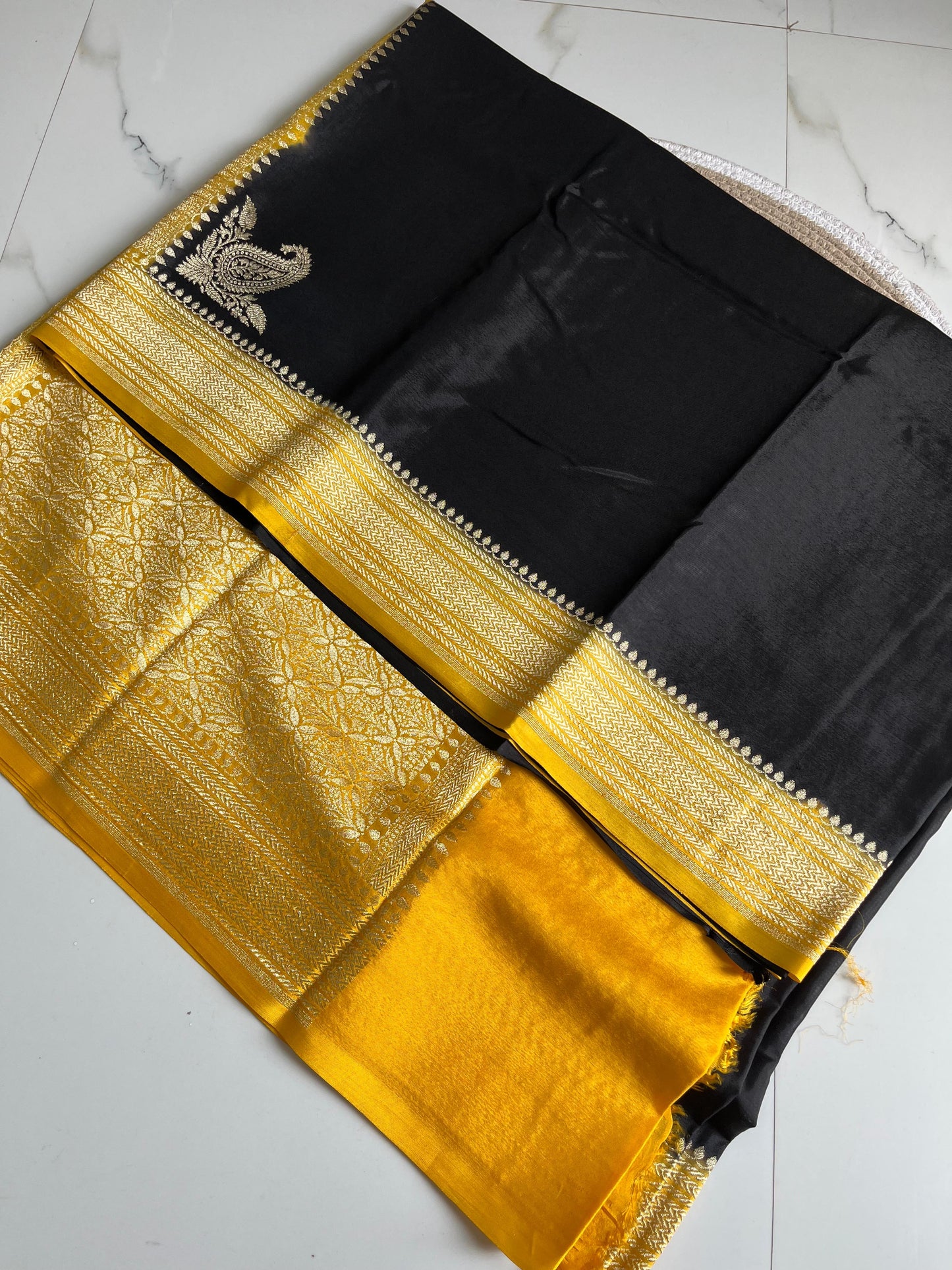 Black with yellow Pure Crepe chiffon banarasi saree