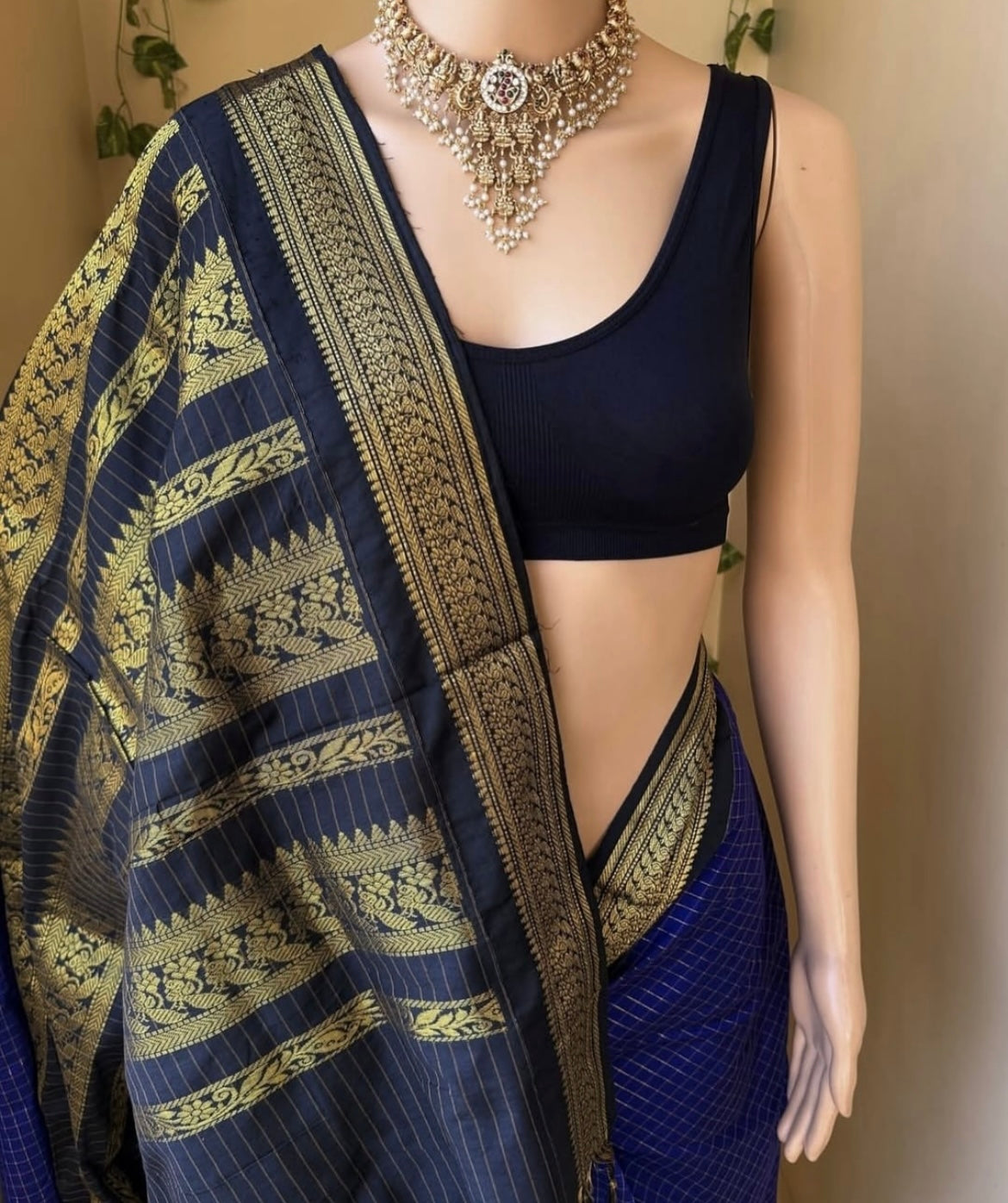 Blue checked Cotton Silk Saree