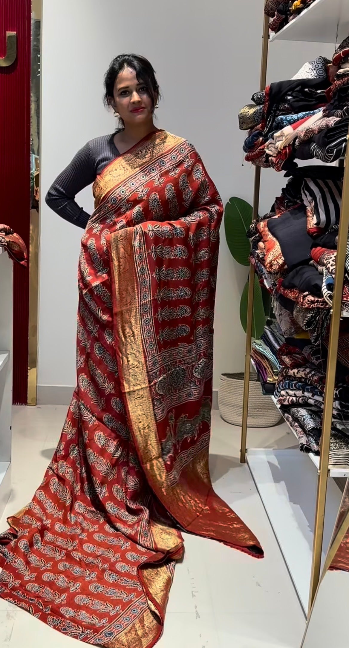 Floral Dola Silk Saree with ajrakh hand block print