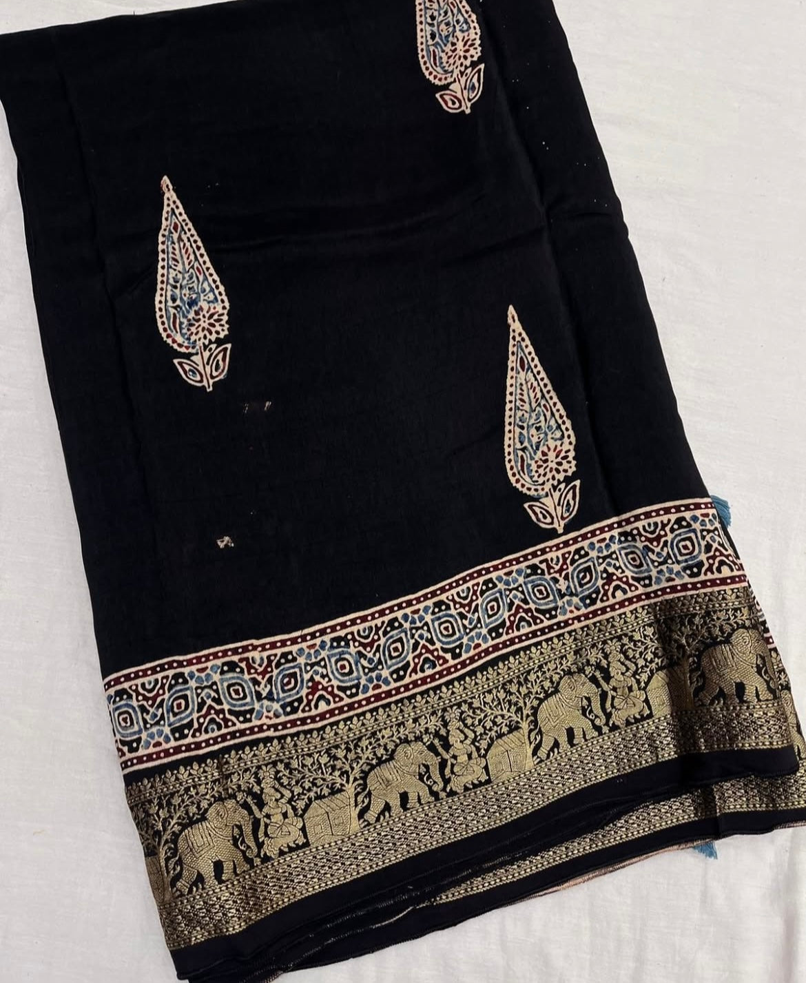 Dola Silk Saree with ajrakh hand block print