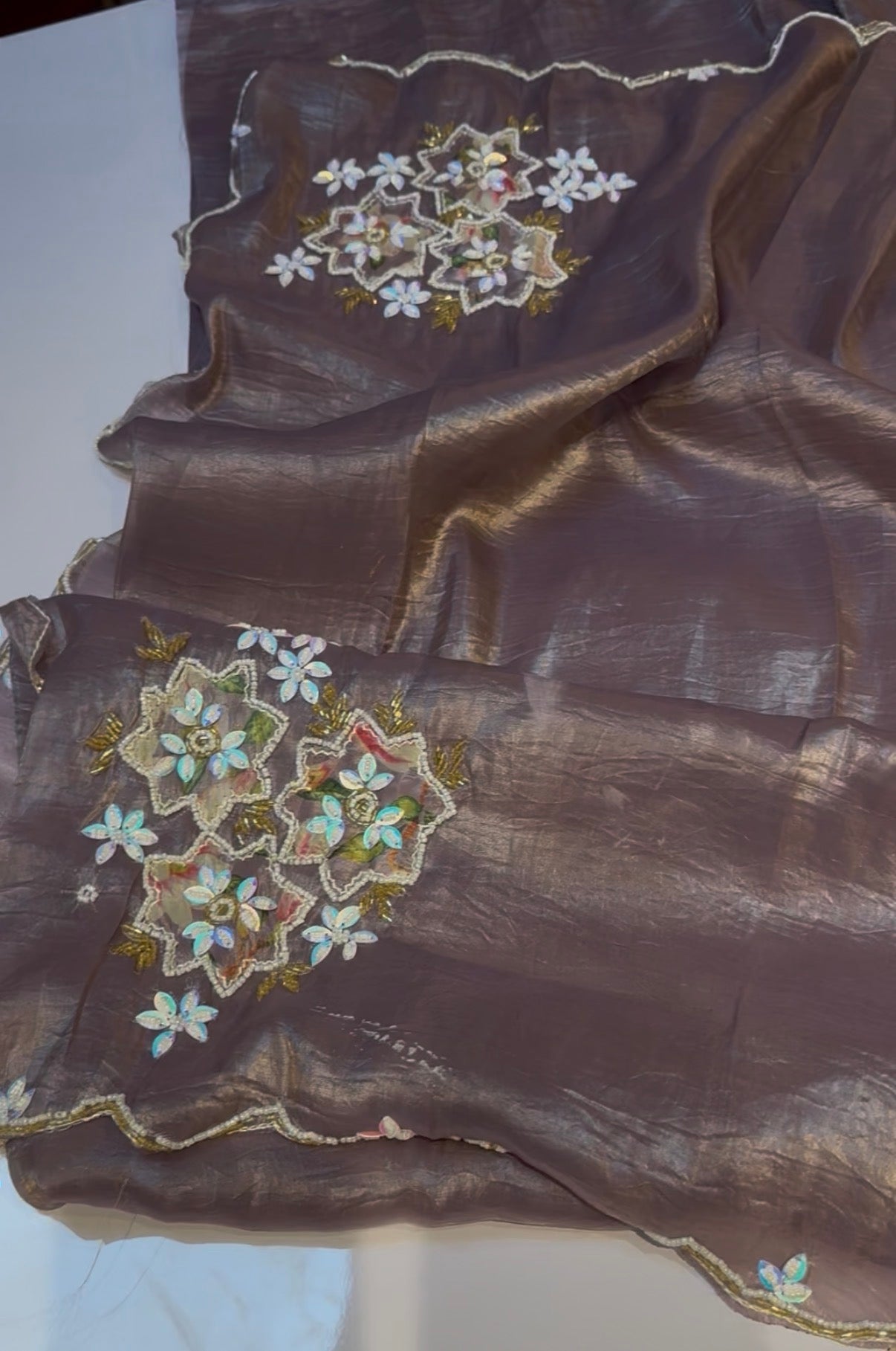 Patch hand work fluid organza saree