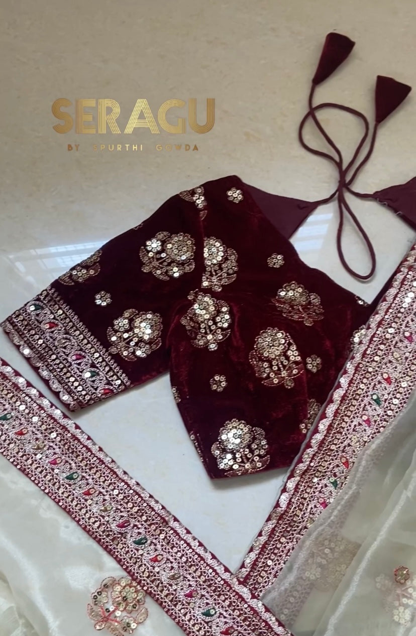 Designer organza saree with velvet blouse saree