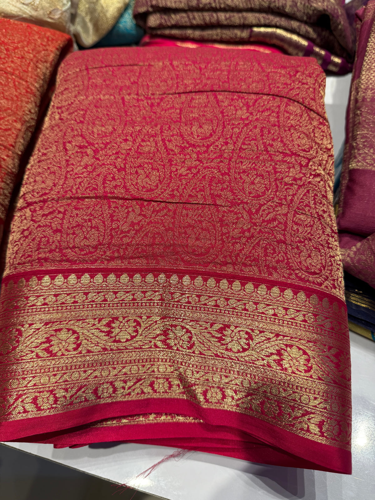 Pink premium wrinkle Chinnon brocade saree (SSW3950)