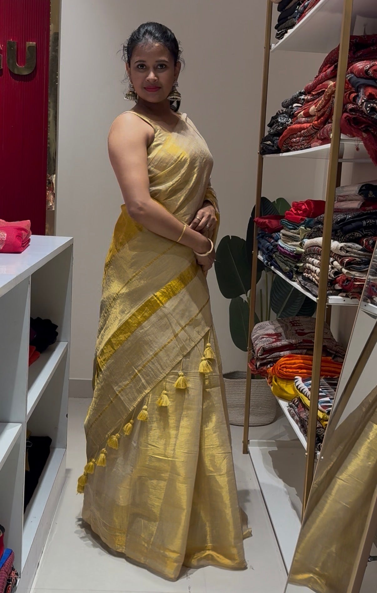 Gold with off white Tissue Silk saree