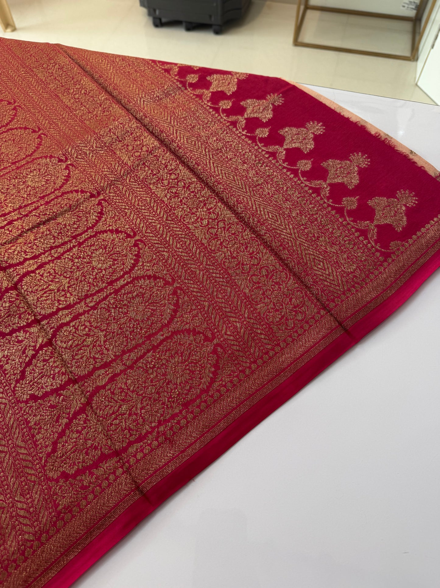 Celebrity inspired pink Pure Crepe chiffon banarasi saree with konia design(pinkkonia)