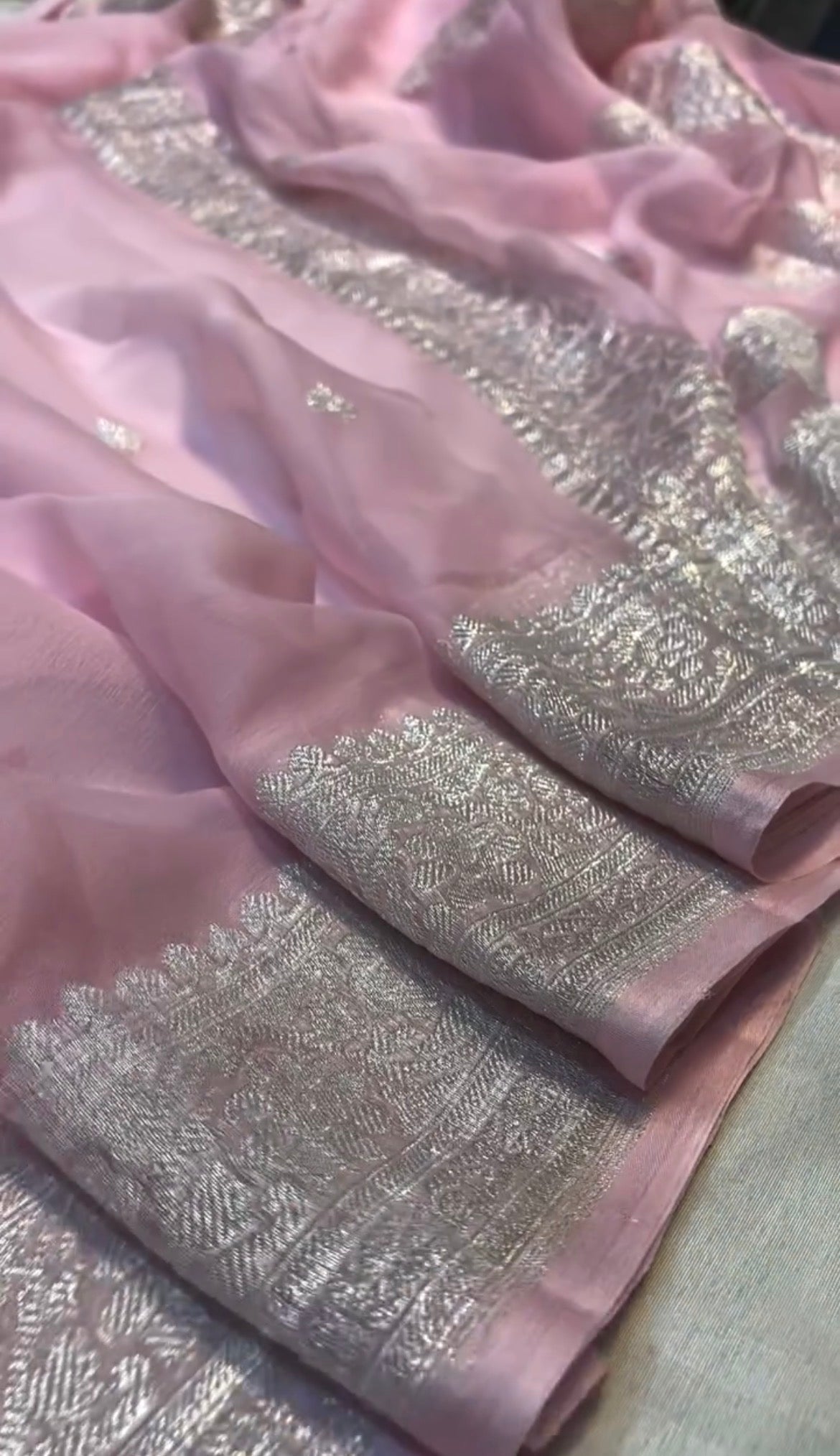 Baby pink pure chiffon Banarasi sarees