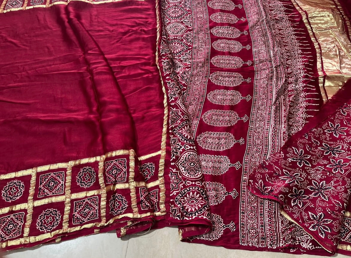 Bandhej ajrakh modal silk saree with lagadi pallu