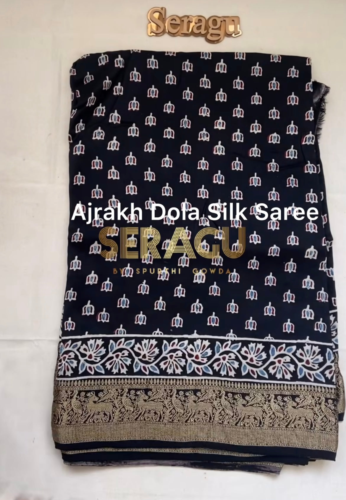 Dola Silk Saree with ajrakh hand block print