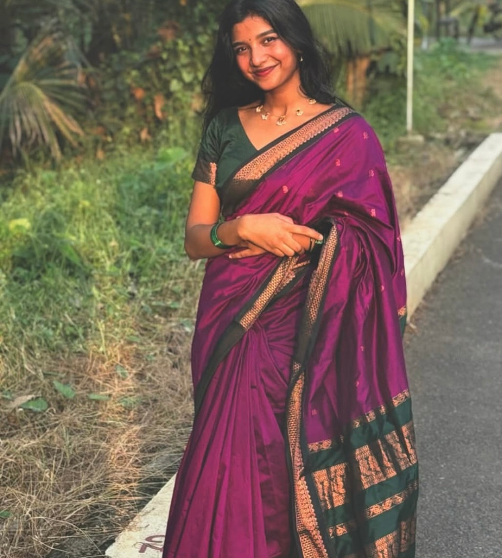 Pink with bottle green silk cotton saree