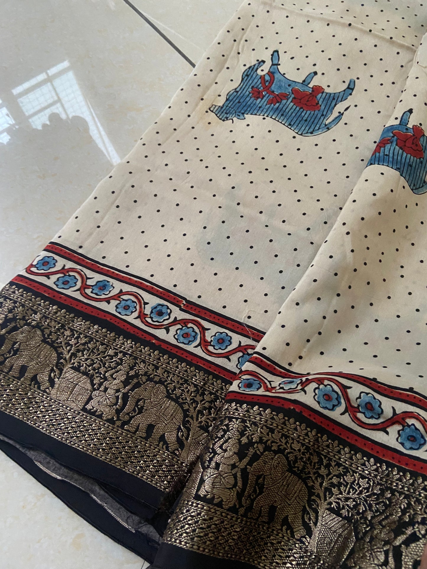 Dola Silk Saree with ajrakh hand block print