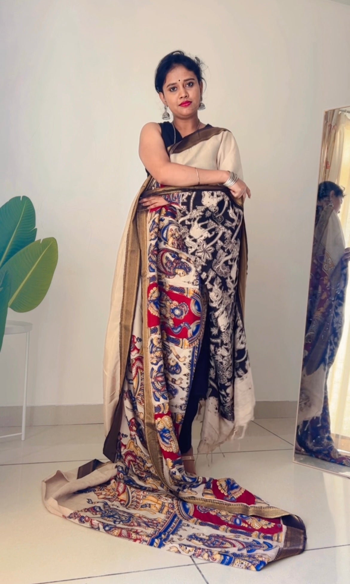 Off-white pure kalamkari chennur silk saree with nizam border