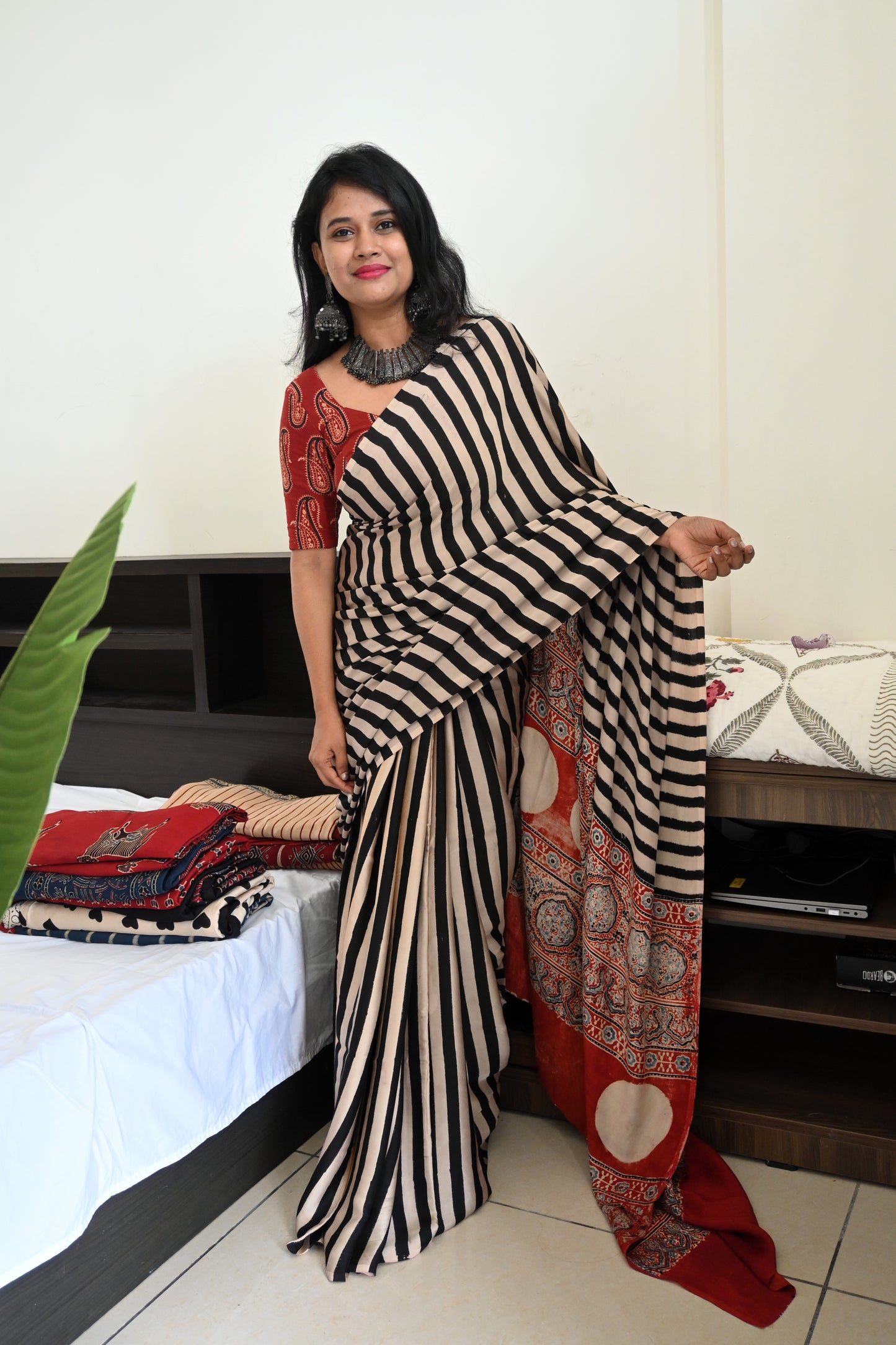Pure modal silk saree in black and white stripes