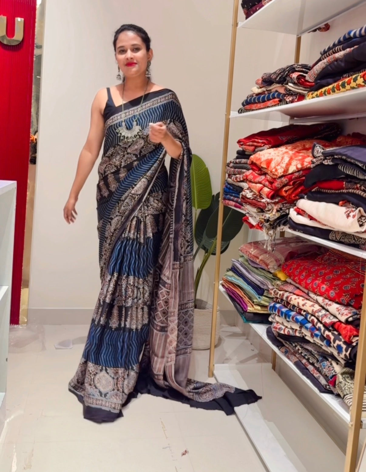 Blue pure modal ajrakh silk saree