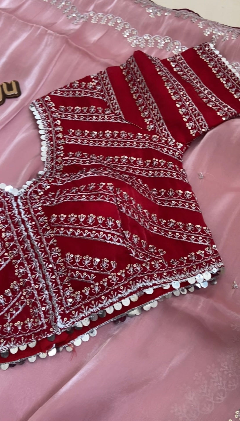 Premium satin organza saree with stitched blouse