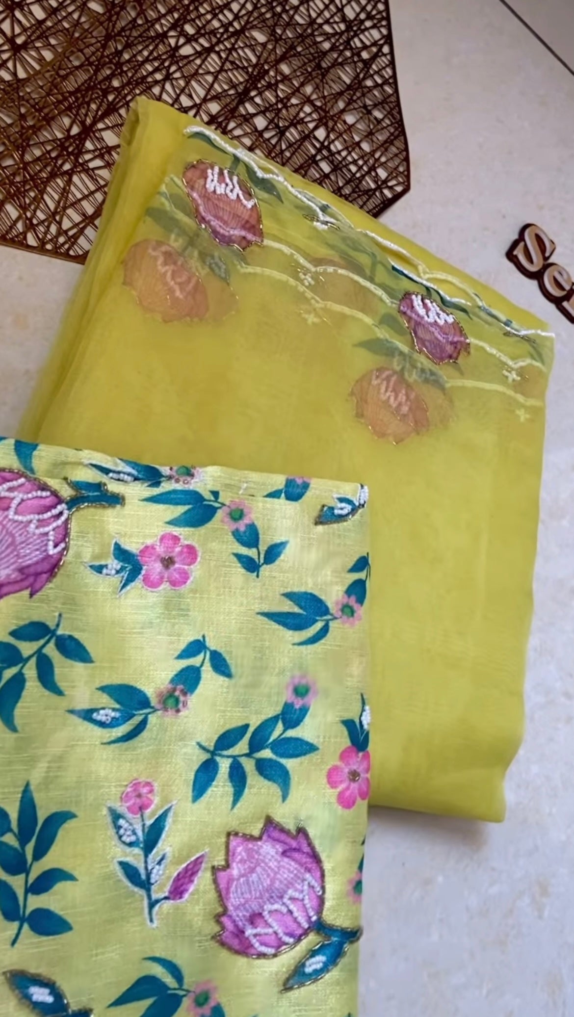 Designer yellow hand embroidery saree