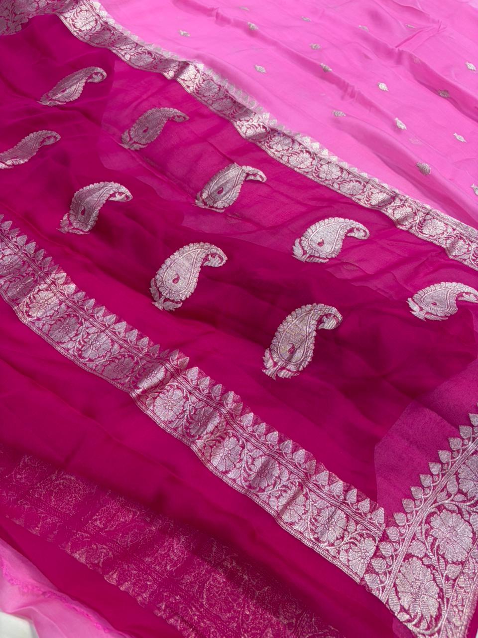 Dual shade pink pure chiffon Banarasi sarees