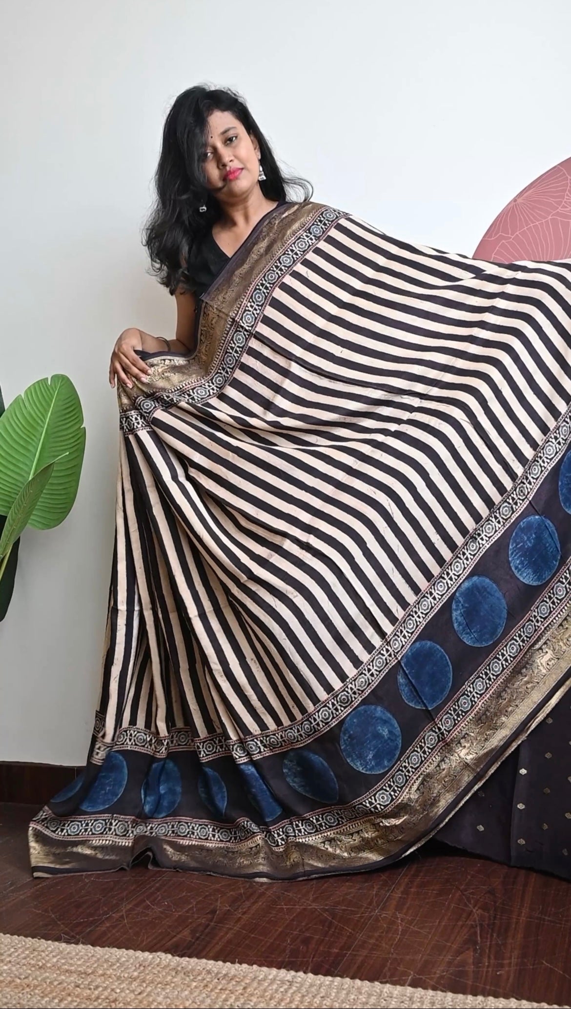 Pure Dola silk saree with ajrakh hand block print