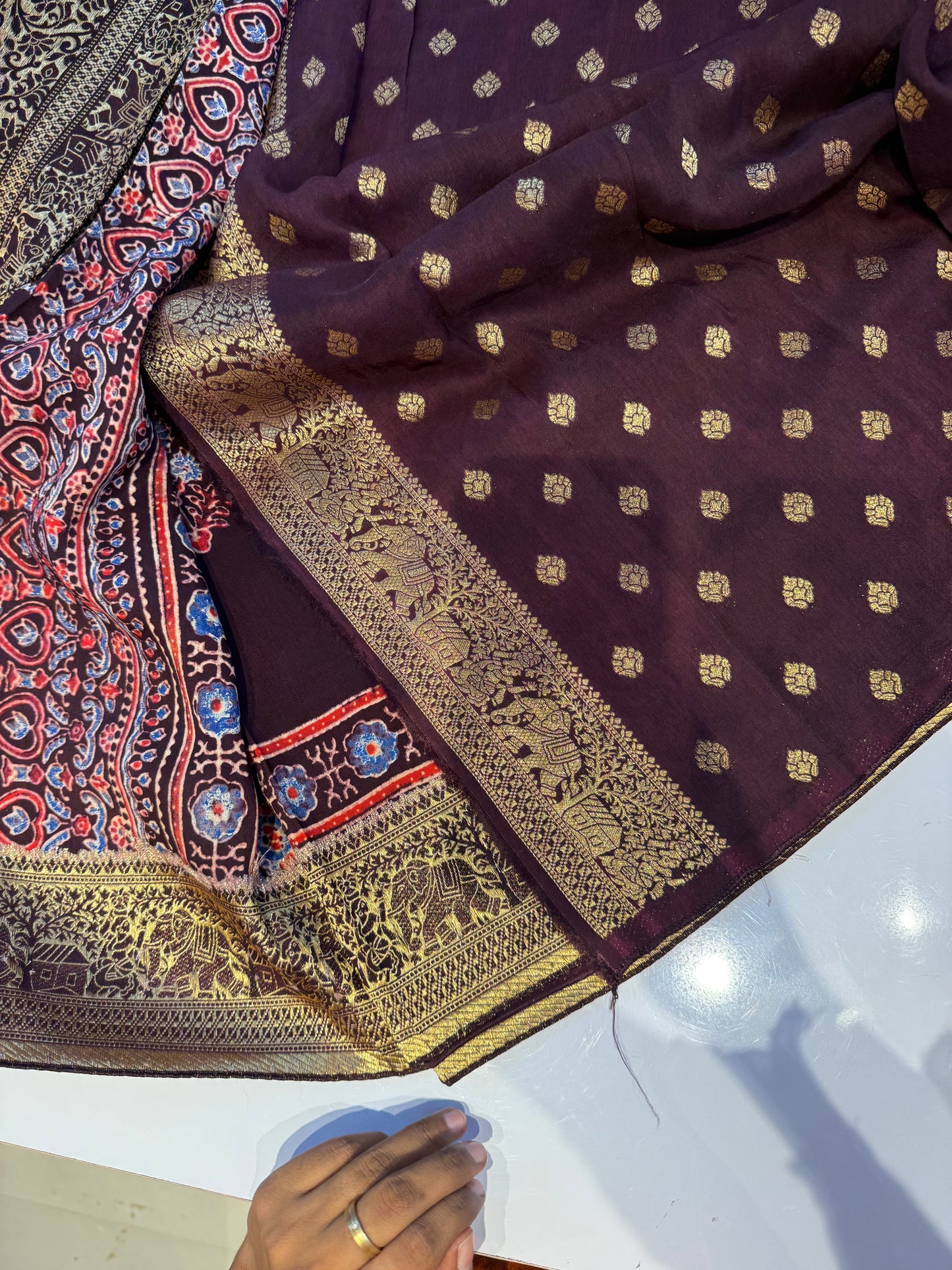 Dola Silk Saree with ajrakh hand block print