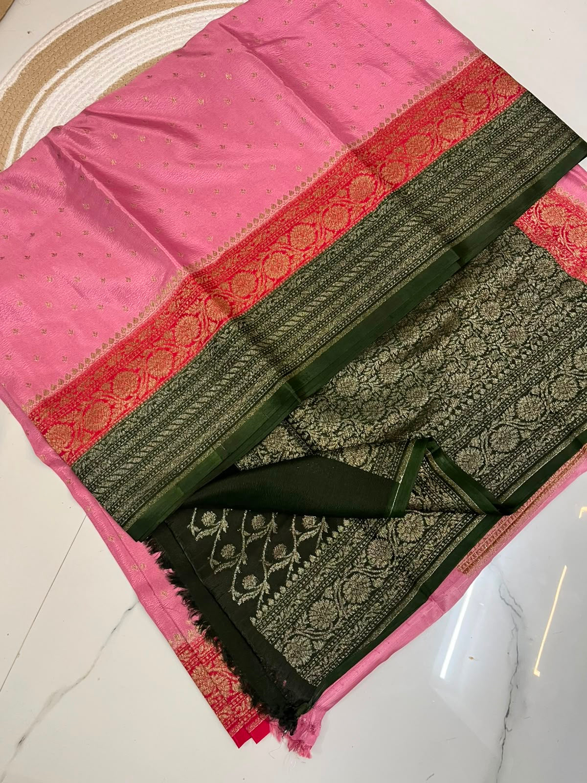 3D pink with red and olive green border Pure Crepe chiffon banarasi saree