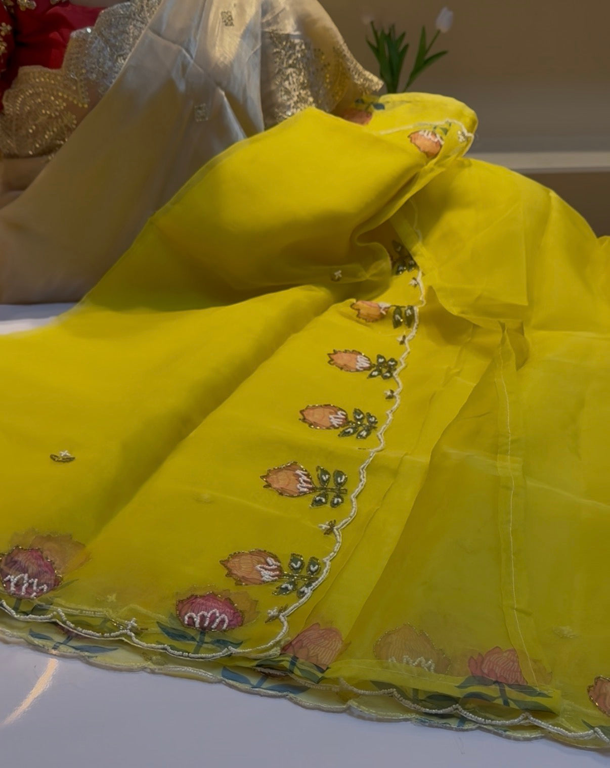 Designer lotus hand work lemon yellow saree
