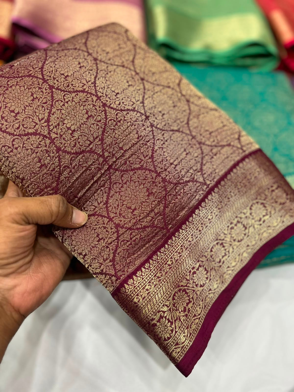 Wine premium wrinkle Chinnon brocade saree