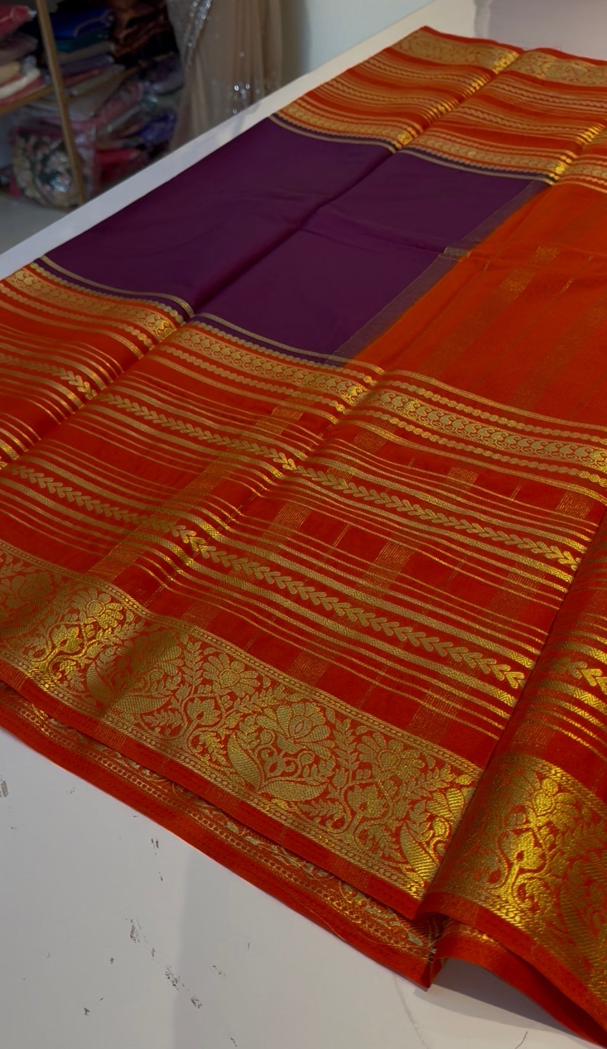 Orange with purple semi crepe silk saree