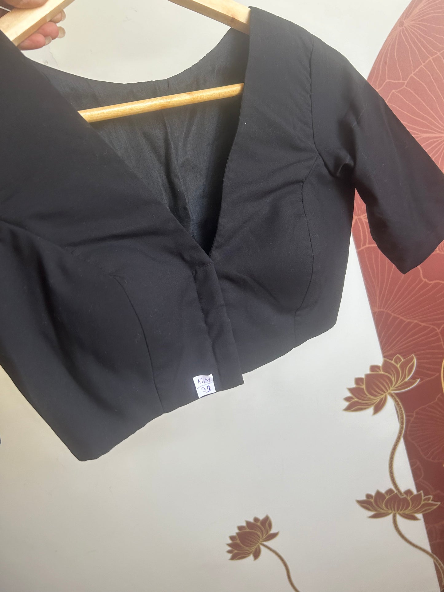 Black V-neck Raw Silk Blouse