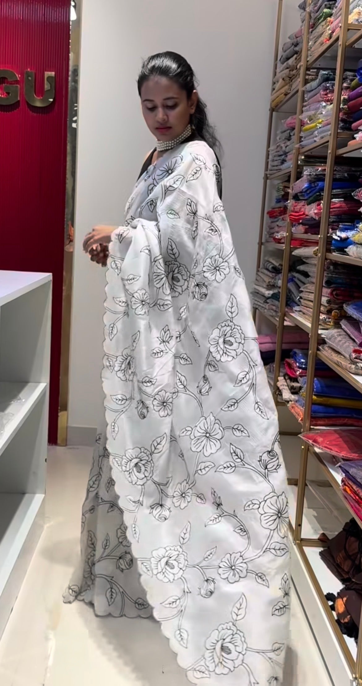 Floral black and white scallop design organza saree