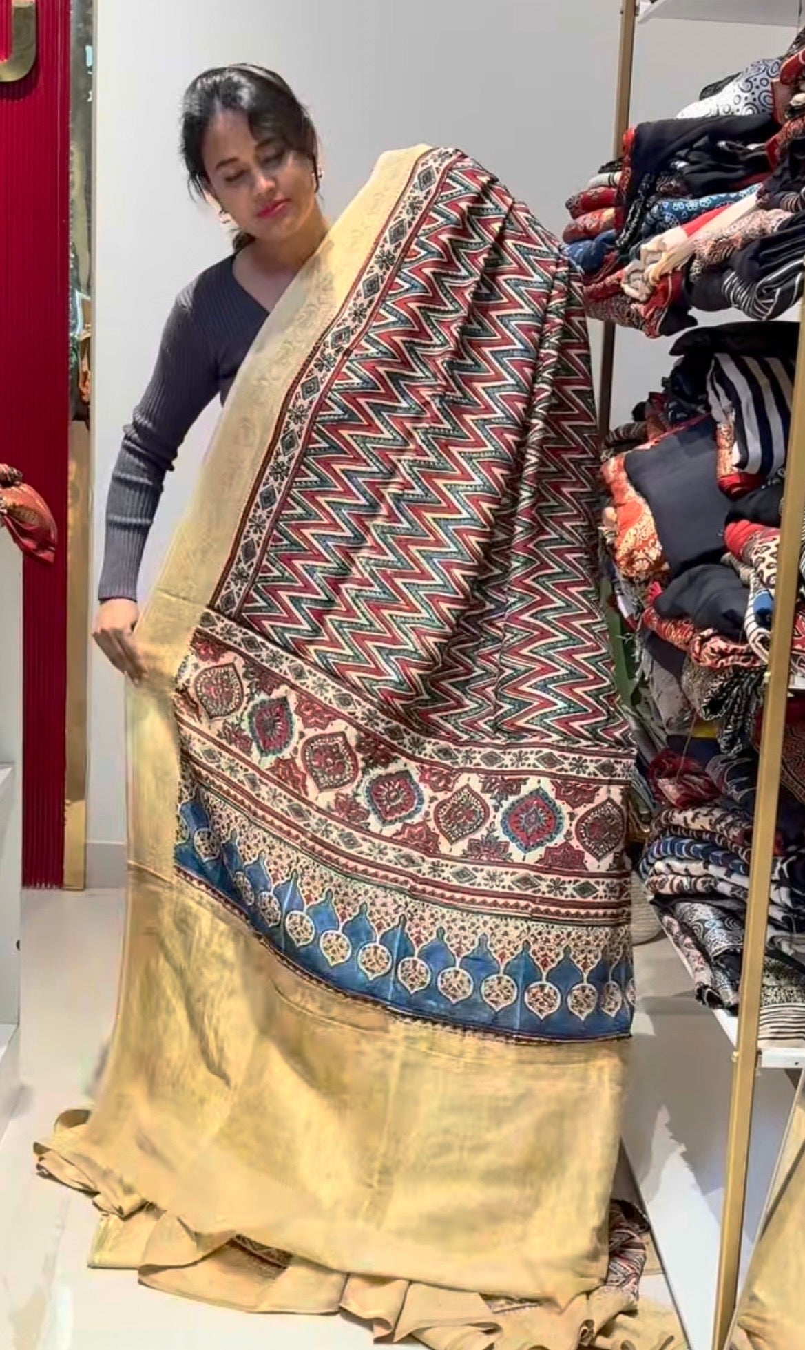 Dola Silk Saree with ajrakh hand block print