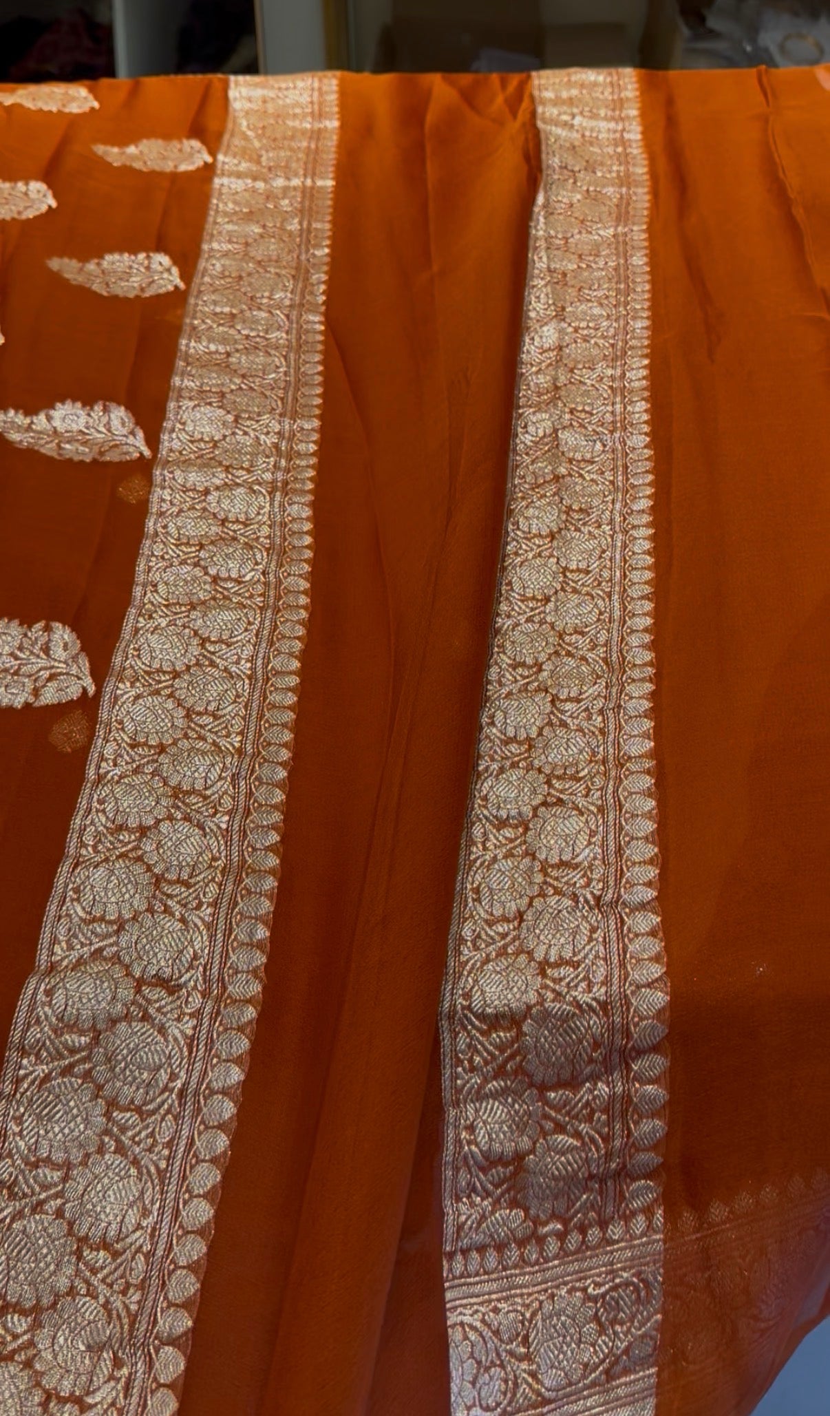 Rust Orange Pure chiffon Banarasi sarees