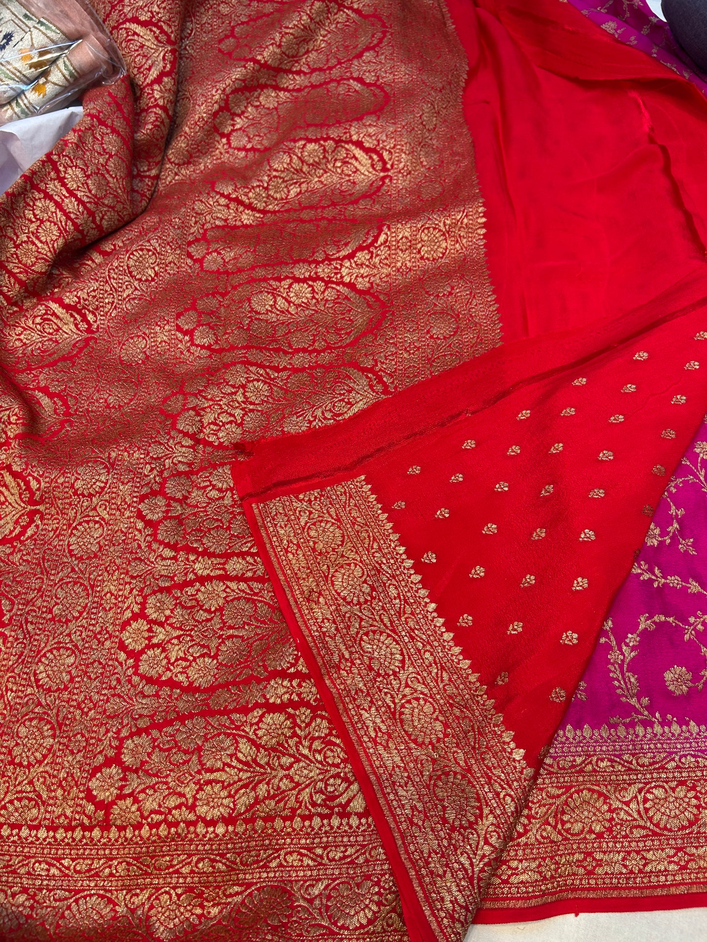 Pink with red pure crepe Banarasi saree