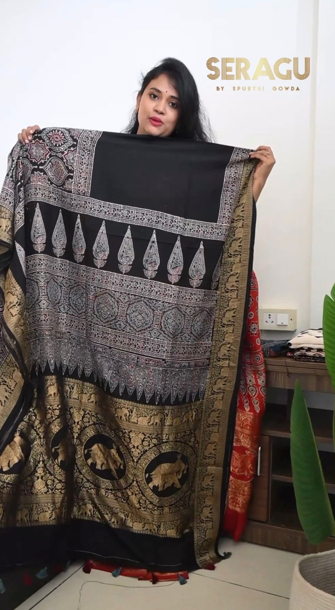 Ajrakh Dola Silk Saree in half an half