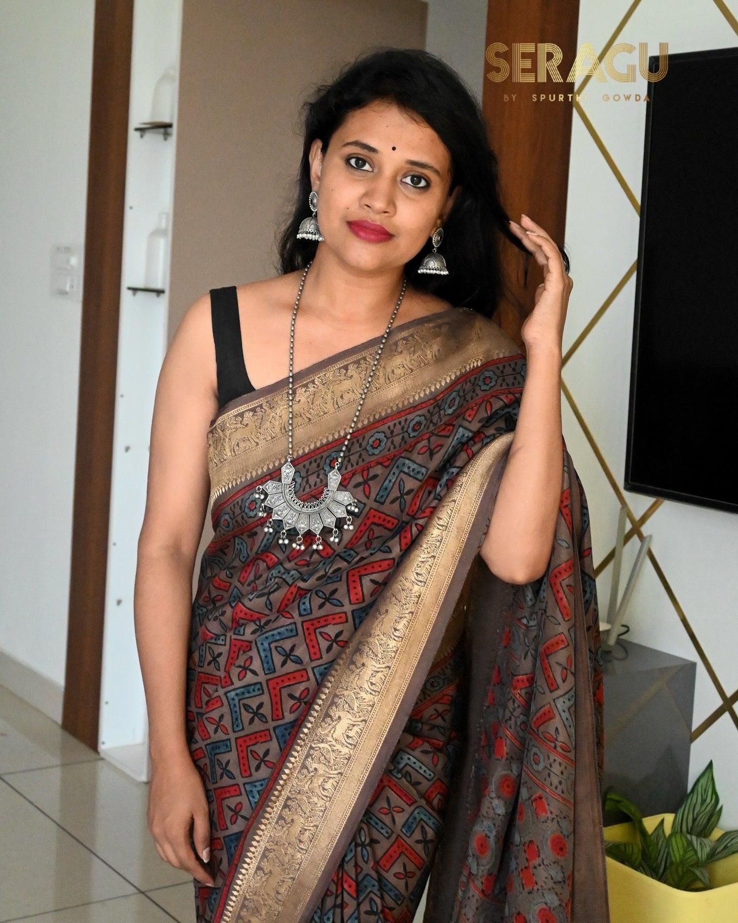 Ajrakh Dola Silk Saree