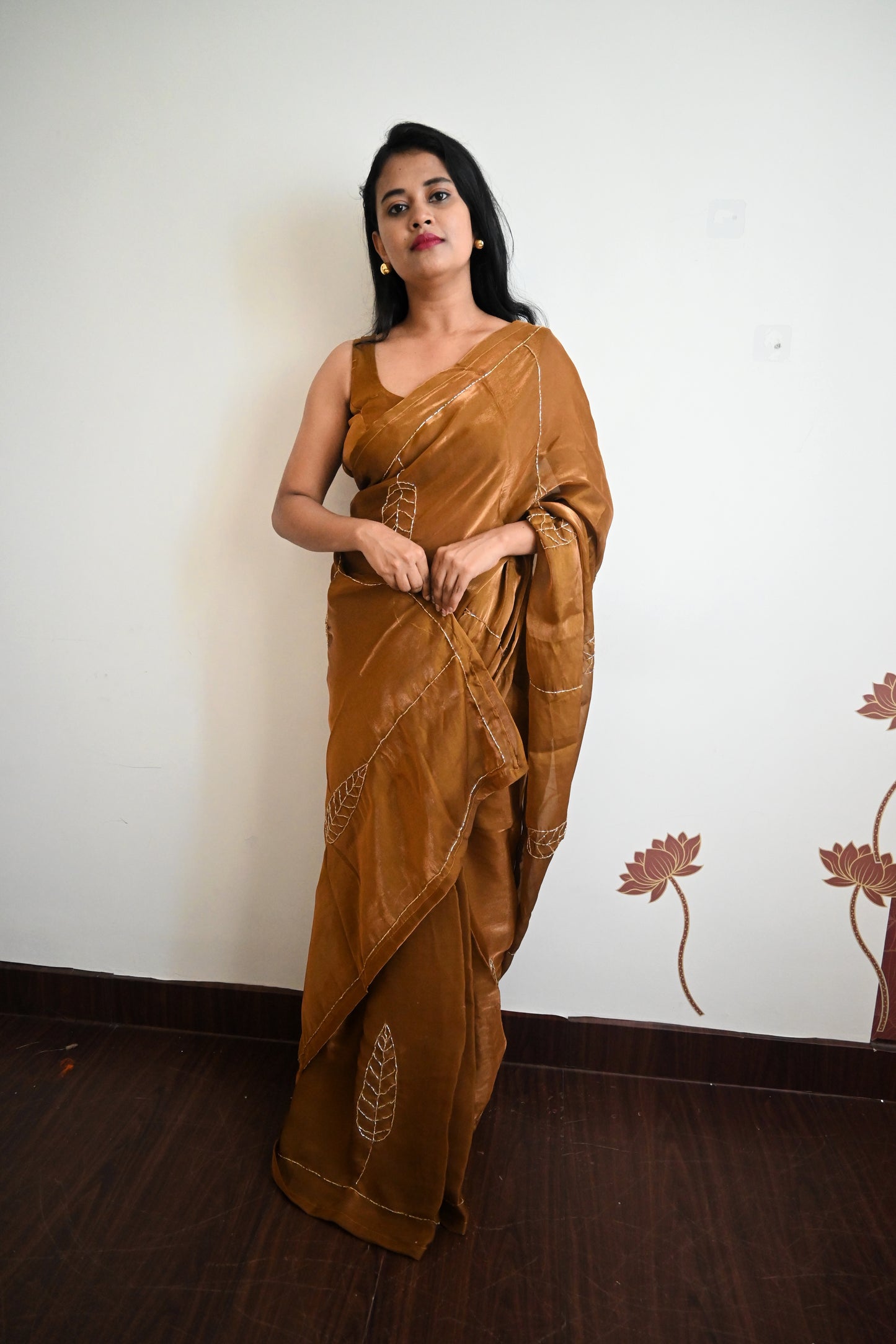Designer party wear bronze metallic tissue silk saree