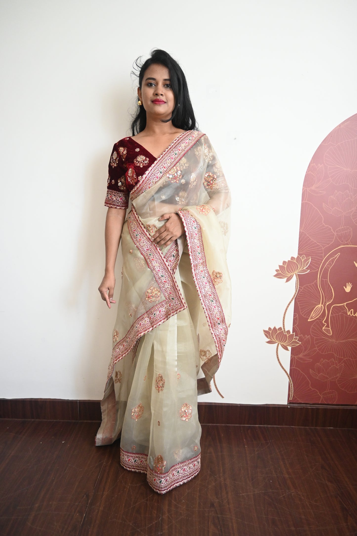 Designer organza saree with velvet blouse saree
