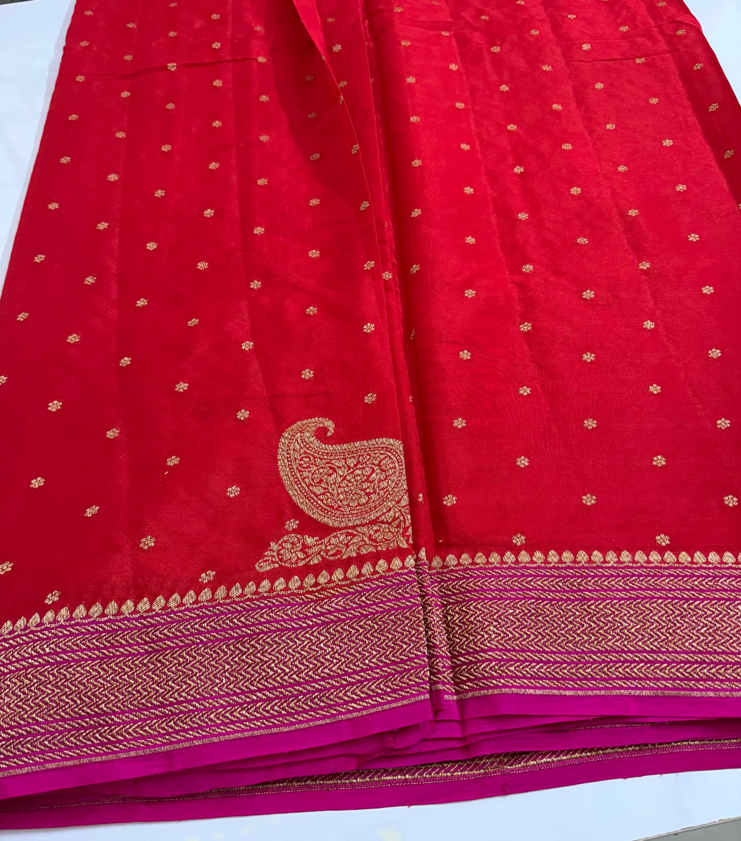 Red with pink pure crepe Banarasi saree