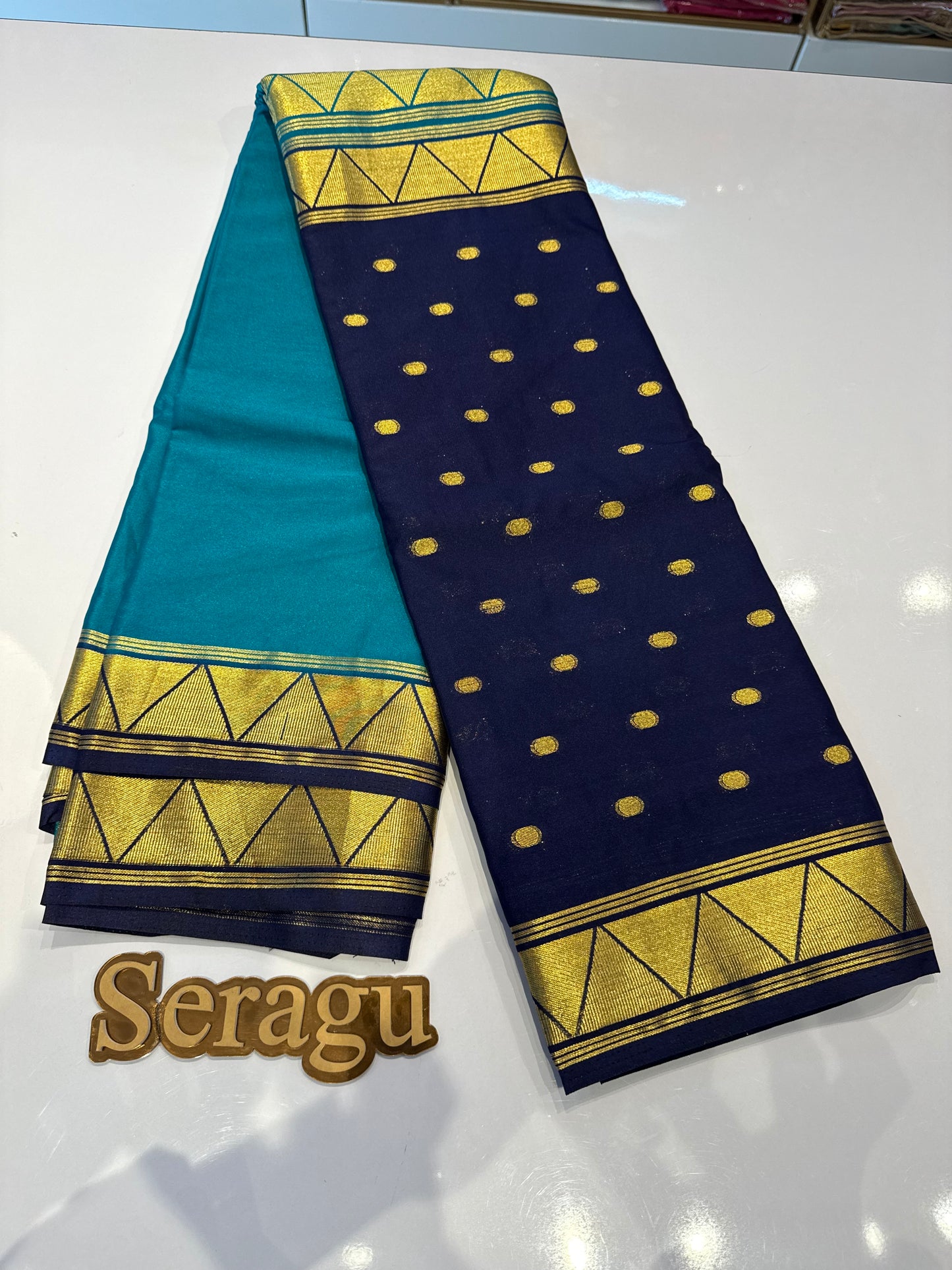 Blue half and half semi Mysore crepe silk saree