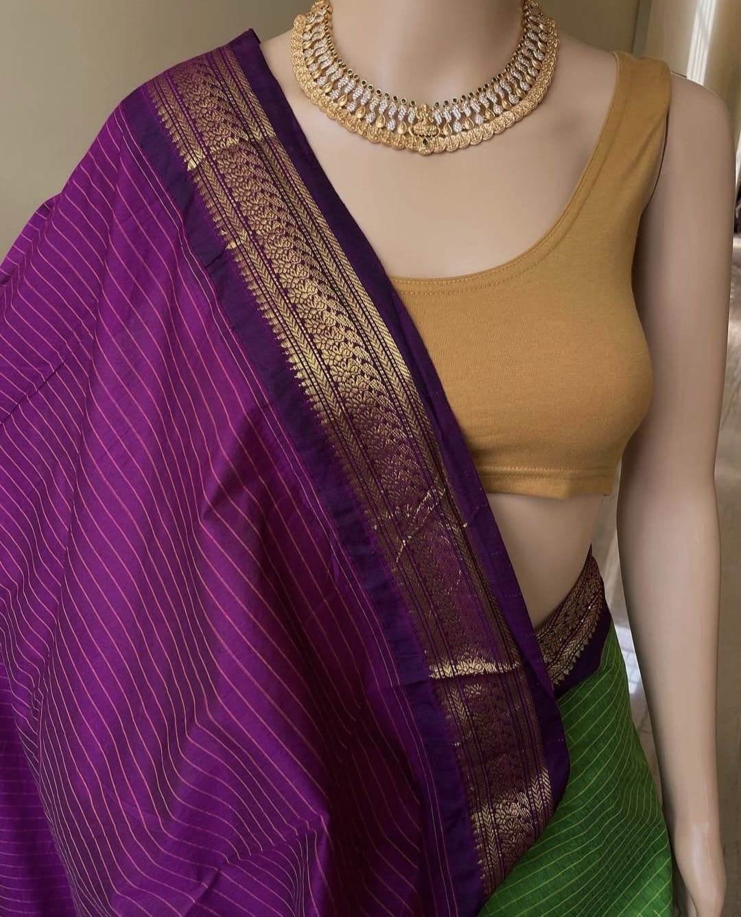 Parrot green with purple Cotton silk saree