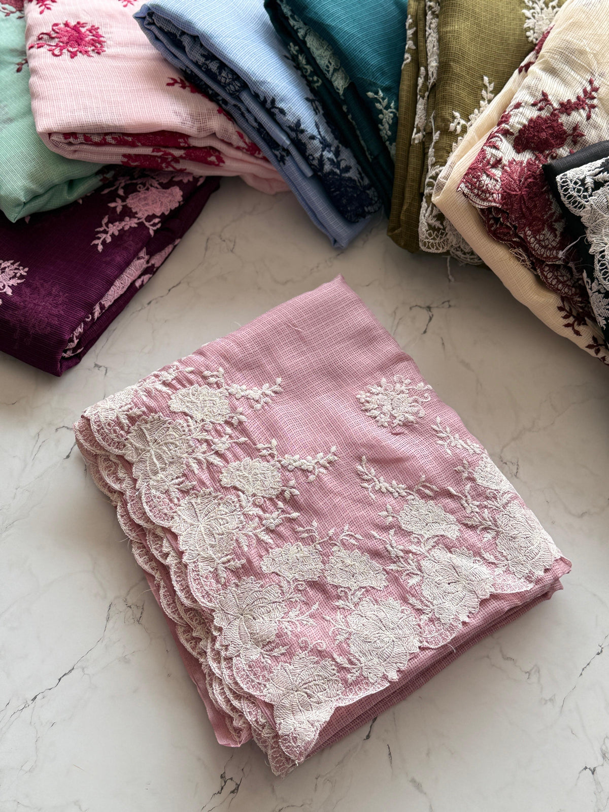 Baby pink embroidery Kota silk saree