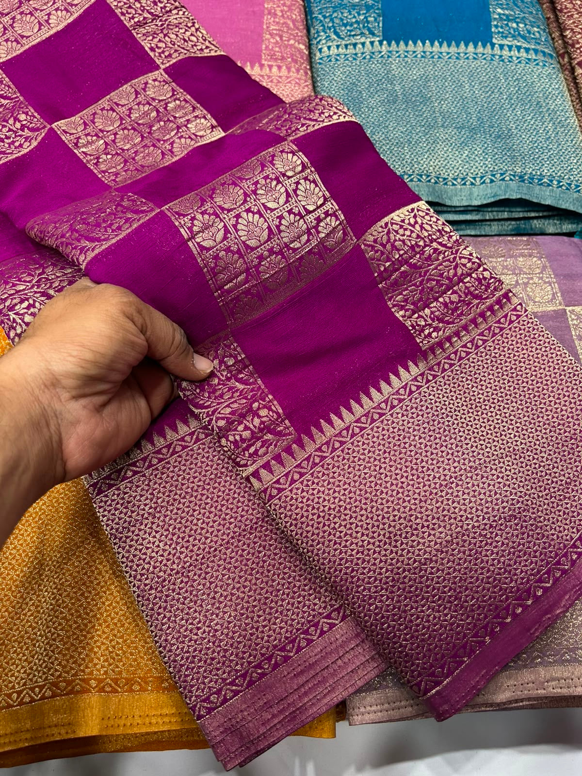 Purple georgette crushed zari saree