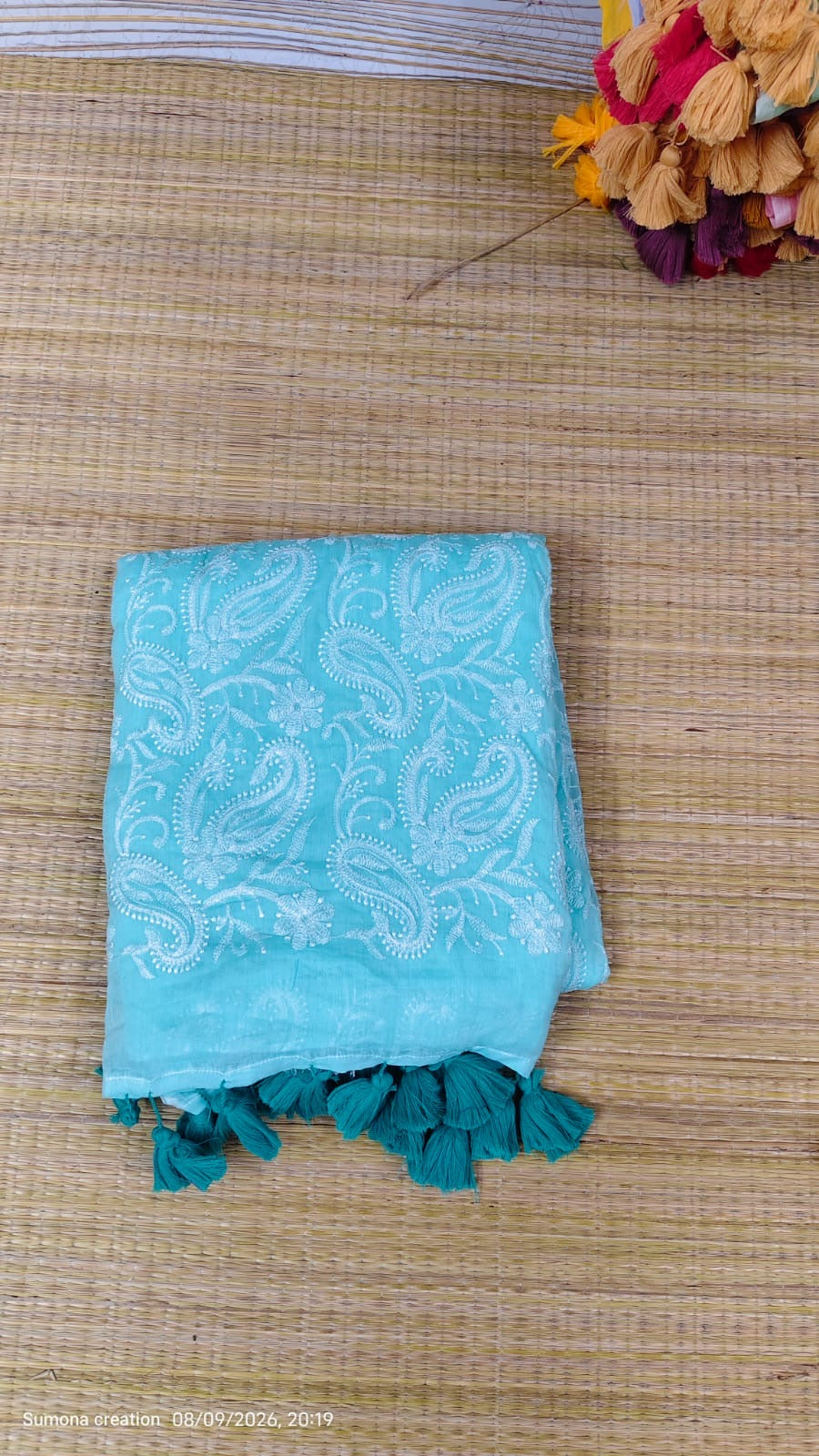 Blue Pure mul cotton chikankari embroidery saree